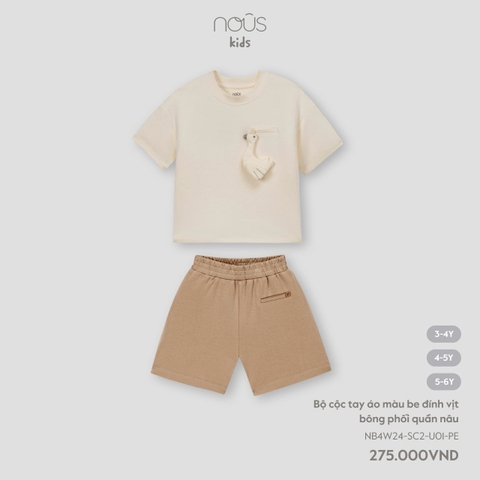 NOUS:-:Bộ:cộc:tay:áo:màu:be:đính:vịt:bông:phối:quần:nâu:-:3-4Y:-:SS25.T2A