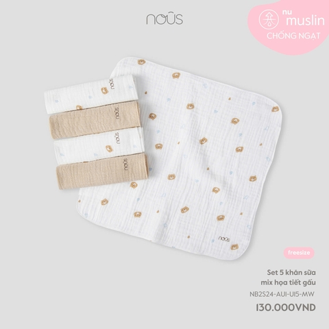 NOUS - Set 5 khăn sữa mix họa tiết gấu - Nu Muslin - SS25.T3A
