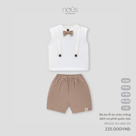 NOUS - Bộ ba lỗ áo màu trắng đính nơ phối quần nâu - SS25.T3A