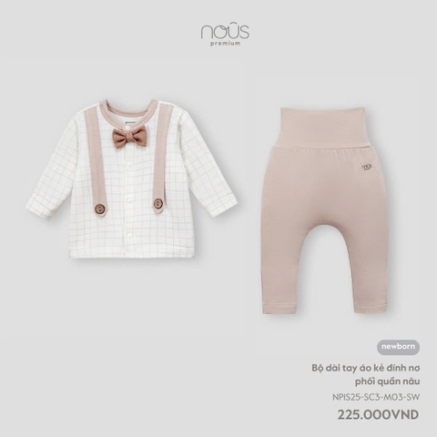 NOUS - Bộ dài tay áo kẻ đính nơ phối quần nâu - SS25.T3A