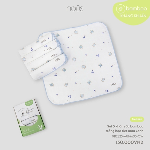 NOUS - Set 5 khăn sữa bamboo trắng họa tiết màu xanh - Nu Bamboo - SS25.T3A