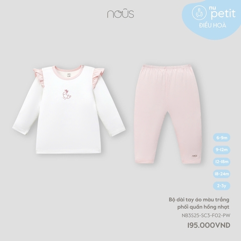 NOUS - Bộ dài tay áo màu trắng phối quần hồng nhạt 6M - Nu Petit - SS25.T3A
