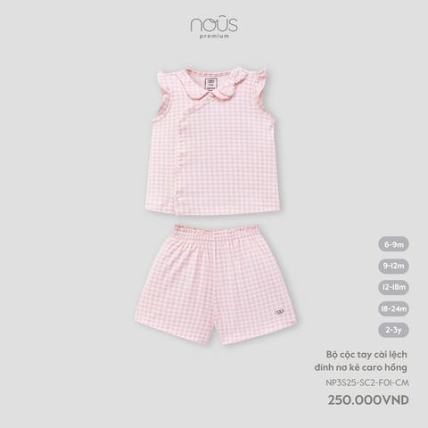 NOUS - Bộ cộc tay cài lệch đính nơ kẻ caro hồng - Nu Petit - SS25.T3A