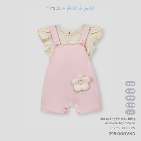 NOUS - Set quần yếm màu hồng và áo cộc tay màu be - 9-12M - SS25.T3B