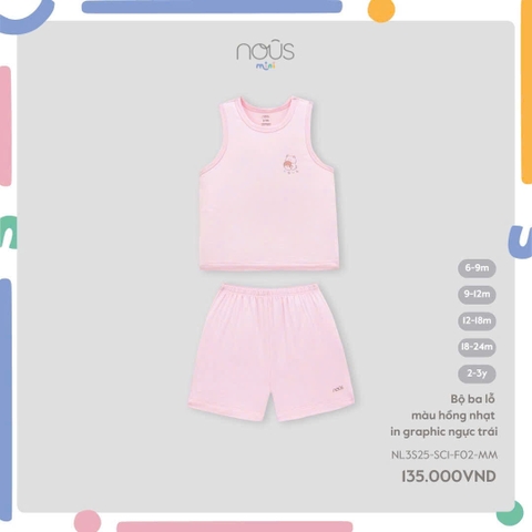 NOUS S10 - Bộ ba lỗ màu hồng nhạt in graphic ngực trái - 12-18M - SS25.T3C