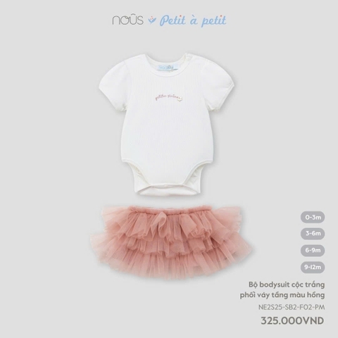 NOUS - Bộ body cộc trắng phối váy tầng màu hồng - 3-6M - SS25.T5A
