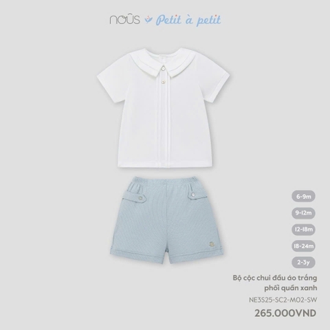 NOUS - Bộ cộc chui đầu áo trắng phối quần xanh - 6-9M - SS25.T5A