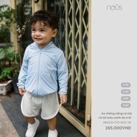 NOUS S10 - Áo chống nắng có mũ và túi màu xanh da trời - 3-4Y - SS25.T5A