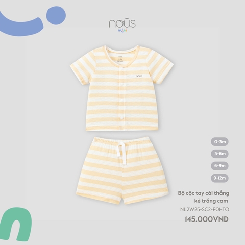 NOUS:MINI:-:Bộ:cộc:tay:cài:thẳng:kẻ:trắng:cam:-:3-6M:-:SS25.T5C