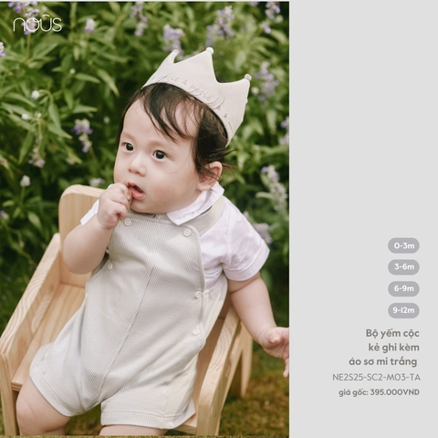 NOUS:NP25:-:Bộ:yếm:cộc:kẻ:ghi:kèm:áo:sơ:mi:trắng:-:3-6M:-:SS25.T6B