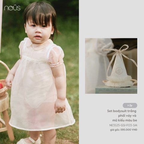 NOUS Z25 - Set Body trắng phối váy và mũ kiểu màu be - 1-2Y - SS25.T6B