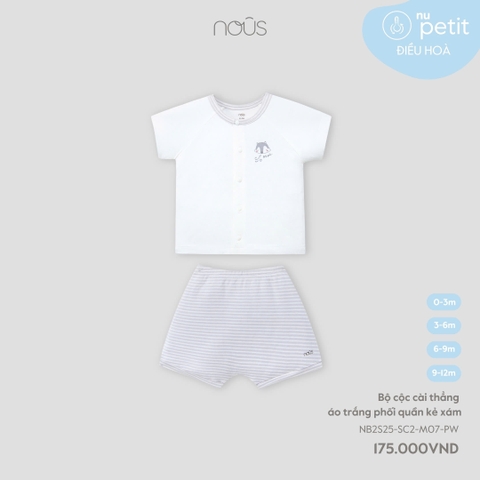 NOUS S10 - Bộ cộc cài thẳng áo trắng phối quần kẻ xám - 0-3M - SS25.T7A