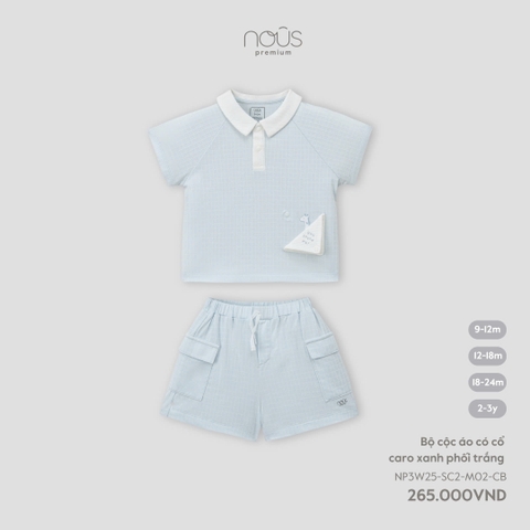 NOUS - Bộ cộc áo có cổ caro xanh phối trắng  - SS25.T7A