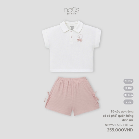 NOUS - Bộ cộc áo trắng có cổ phối quần hồng đính nơ - SS25.T7A