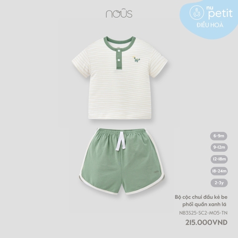 NOUS S10 - Bộ cộc chui đầu kẻ be phối quần xanh lá - 6-9M - SS25.T7A