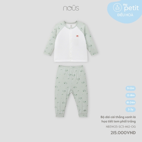 NOUS - Bộ dài cài thẳng xanh lá họa tiết tem phối trắng - 12-18M - SS25.T7A