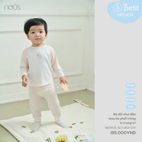 NOUS - Bộ dài chui đầu màu be phối trắng in trang trí - 2-3Y - SS25.T7A
