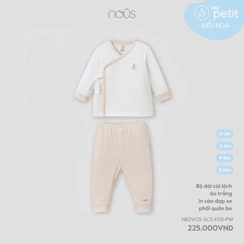NOUS - Bộ dài cài lệch áo trắng in cáo đạp xe phối quần be - 6-9M - SS25.T8A