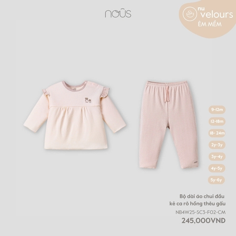 NOUS - Bộ dài áo chui đầu kẻ ca rô hồng thêu gấu - 3-4Y - SS25.T8A