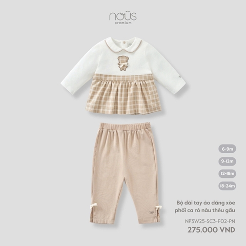 NOUS - Bộ dài tay áo dáng xòe phối ca rô nâu thêu gấu - 6-9M - SS25.T9A
