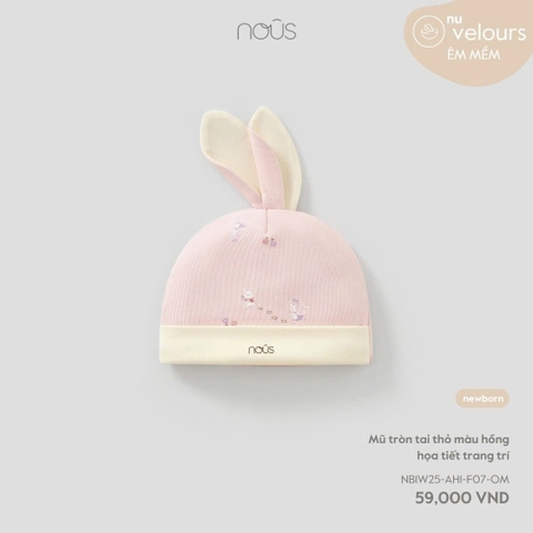 NOUS - Mũ tròn tai thỏ màu hồng họa tiết trang trí - SS25.T10A