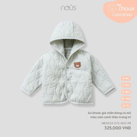 NOUS:-:Áo:khoác:gió:chần:bông:có:mũ:màu:xám:xanh:thêu:trang:trí:-:6-9M:-:SS25.T10A