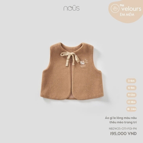 NOUS - Áo gile lông màu nâu thêu mèo trang trí - SS25.T10A