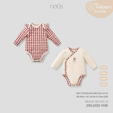 NOUS - Set 2 bodysuit dài tay ca rô đỏ bèo vai và be in họa tiết - SS25.T10A