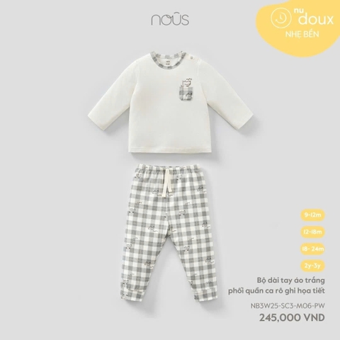 NOUS - Bộ dài tay áo trắng phối quần ca rô ghi họa tiết 9M - 9-12M - SS25.T10A