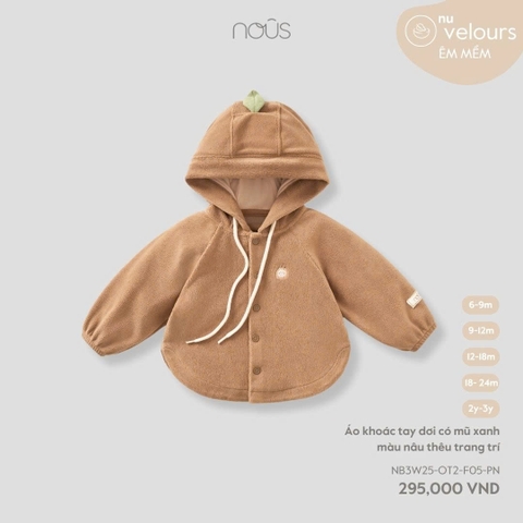 NOUS:-:Áo:khoác:tay:dơi:có:mũ:xanh:màu:nâu:thêu:trang:trí:-:18-24M:-:SS25.T10A