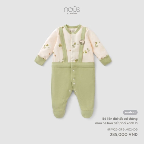 NOUS - Body dài tất cài thẳng màu be họa tiết phối xanh lá - SS25.T10A