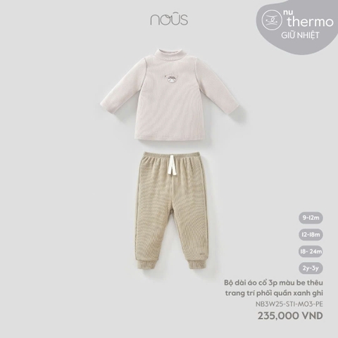 NOUS:-:Bộ:dài:áo:cổ:3p:màu:be:thêu:trang:trí:phối:quần:xanh:ghi:-:2-3Y:-:SS25.T10A