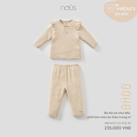 NOUS - Bộ dài áo chui đầu phối bèo màu be thêu trang trí - SS25.T10A