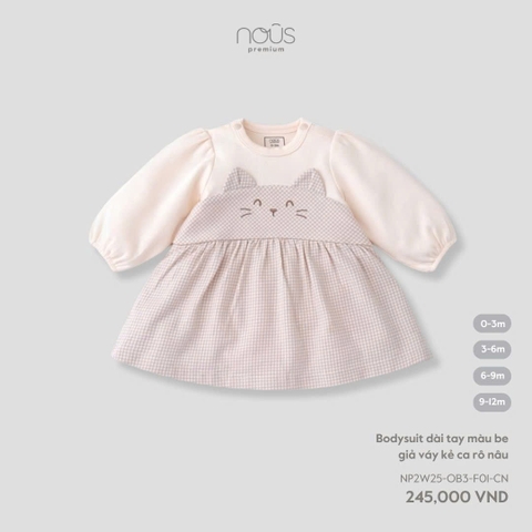 NOUS - Bodysuit dài tay màu be giả váy kẻ ca rô nâu - SS25.T10A