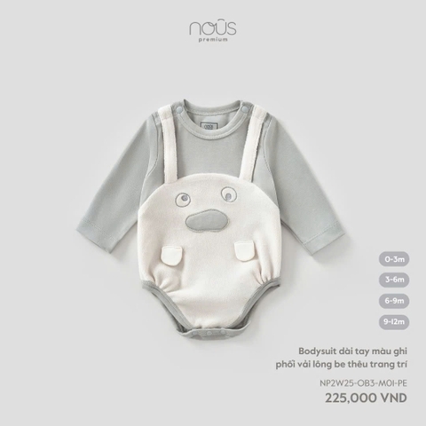 NOUS - Bodysuit dài tay màu ghi phối vải lông be thêu trang trí - SS25.T10A