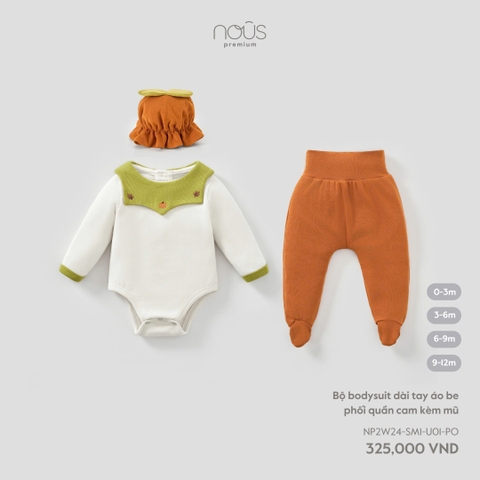 NOUS - Bộ body chip dài tay áo be phối quần cam kèm mũ - 3-6M - SS25.T10C
