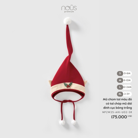NOUS S10 - Mũ chùm tai màu đỏ có tai chóp mũ dài đính cục bông trắng - M - SS25.XMAS
