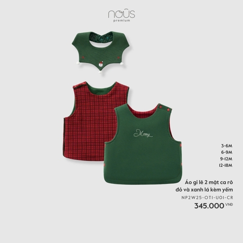 NOUS S10 - Áo gile 2 mặt ca rô đỏ và xanh lá kèm yếm - 3-6M - SS25.XMAS