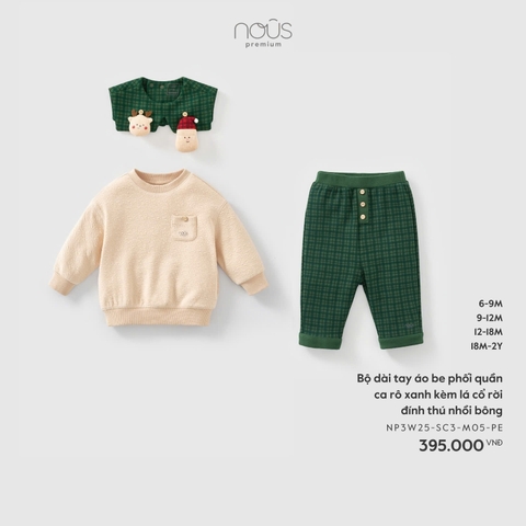 NOUS - Bộ dài tay áo be phối quần ca rô xanh kèm lá cổ rời đính thú nhồi bông - 12-18M - SS25.XMAS