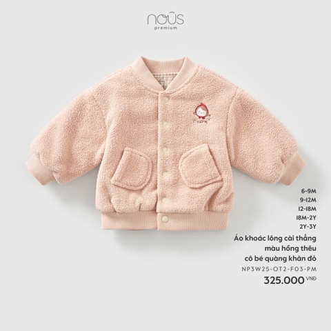 NOUS S10 - Áo khoác lông cài thẳng màu hồng thêu cô bé quàng khăn đỏ - 18-24M - SS25.T11A