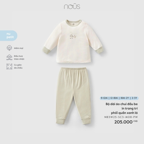 NOUS - Bộ dài áo chui đầu be in trang trí phối quần xanh lá - SS25.T11A - Xanh lá - 12-18M