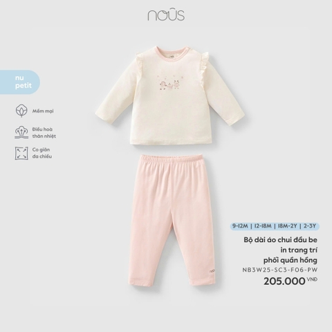 NOUS - Bộ dài áo chui đầu be in trang trí phối quần hồng - 9-12M - SS25.T11A