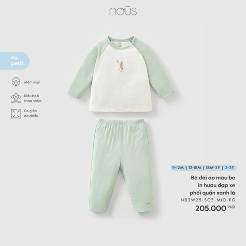 NOUS - Bộ dài áo màu be in hươu đạp xe phối quần xanh lá - 9-12M - SS25.T12A