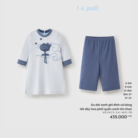 NOUS - Áo dài xanh ghi đính cá bông tết dây hoa phối quần xanh tím than - 6M - SS25.TET