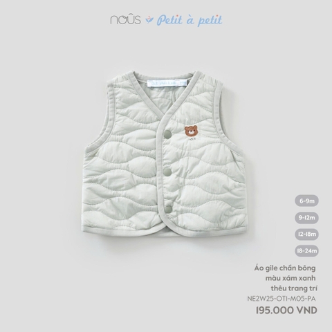 NOUS S10 - Áo gile chần bông màu xám xanh thêu trang trí - 9-12M - SS25.T12A