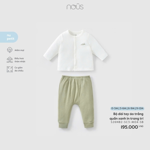 NOUS - Bộ dài tay áo trắng quần xanh in trang trí - 3-6M - SS26.T1A