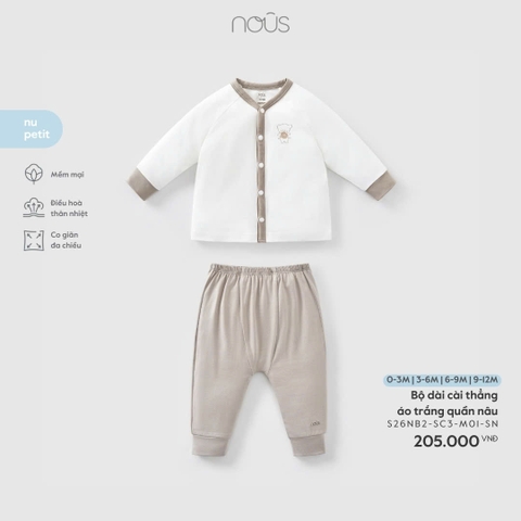 NOUS - Bộ dài cài thẳng áo trắng quần nâu - 9-12M - SS26.T1A
