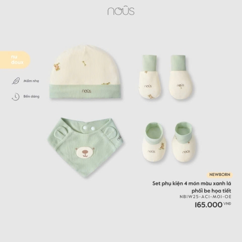 NOUS - Set phụ kiện 4 món màu xanh lá phối be họa tiết - Newborn - SS26.T1A