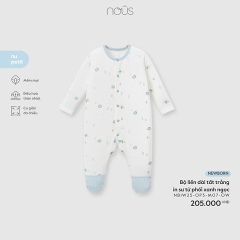 NOUS - Bộ liền dài tất trắng in sư tử phối xanh ngọc - Newborn - SS26.T1A