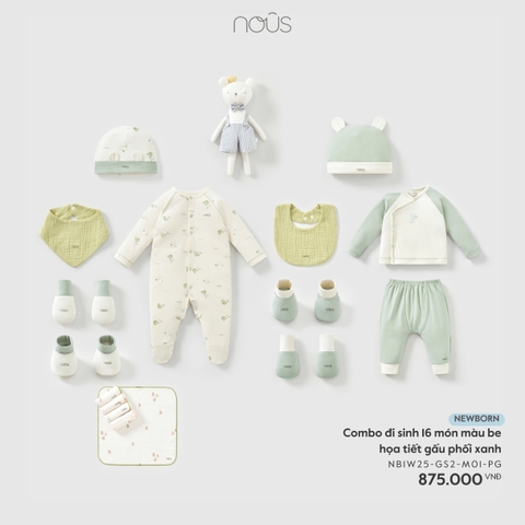 NOUS - Combo đi sinh 16 món màu be họa tiết gấu phối xanh - Newborn - SS26.T3A
